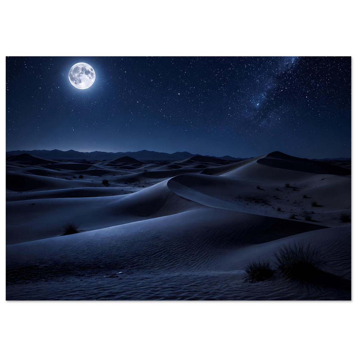 Wüstenlandschafts-Poster: Sanddünen im Mondschein unter dichtem Sternenhimmel