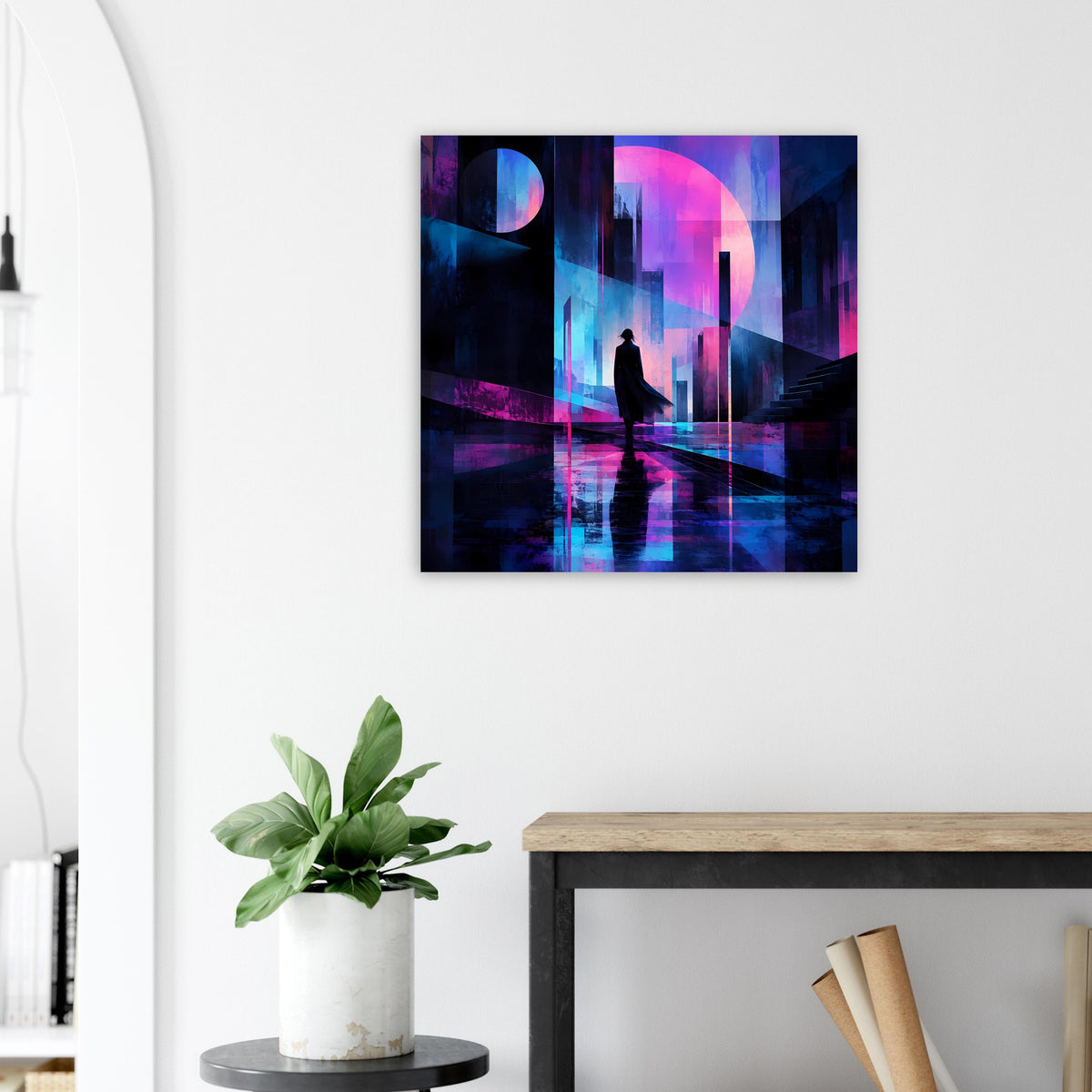 Quadratisches Poster mit Neon-Landschaft, dunklen Türmen und pink-blauen Lichtspuren
