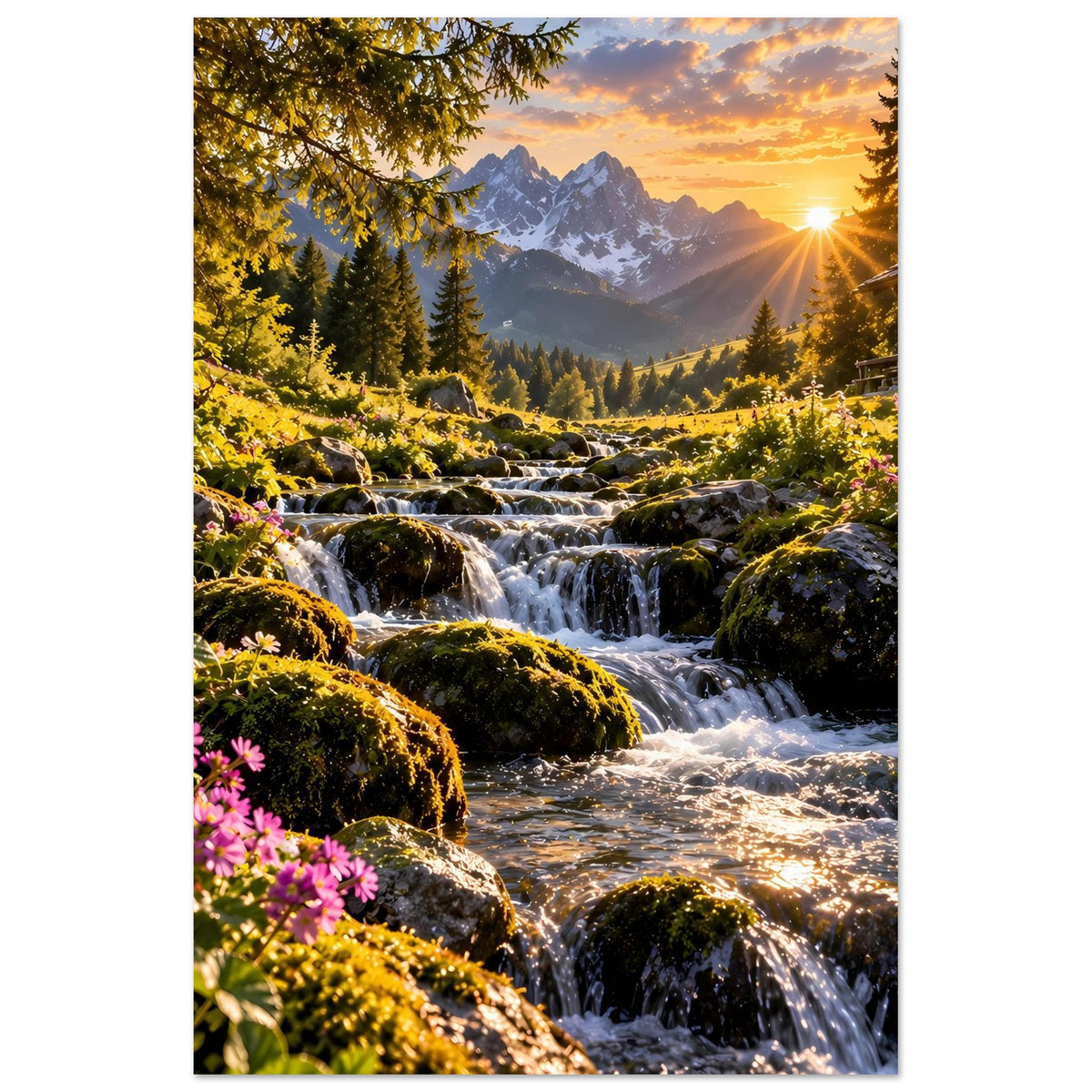 Posterdruck im Hochformat: Bergbach mit moosigen Felsen, Tannen und Sonnenuntergang.