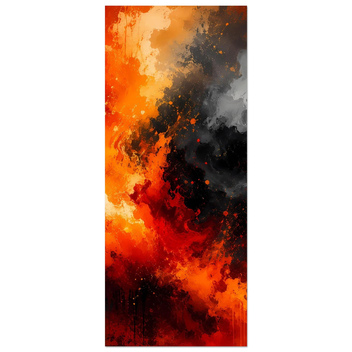 Vertikales abstraktes Feuer-Rauch-Poster, links orange/rot, rechts grau-schwarz