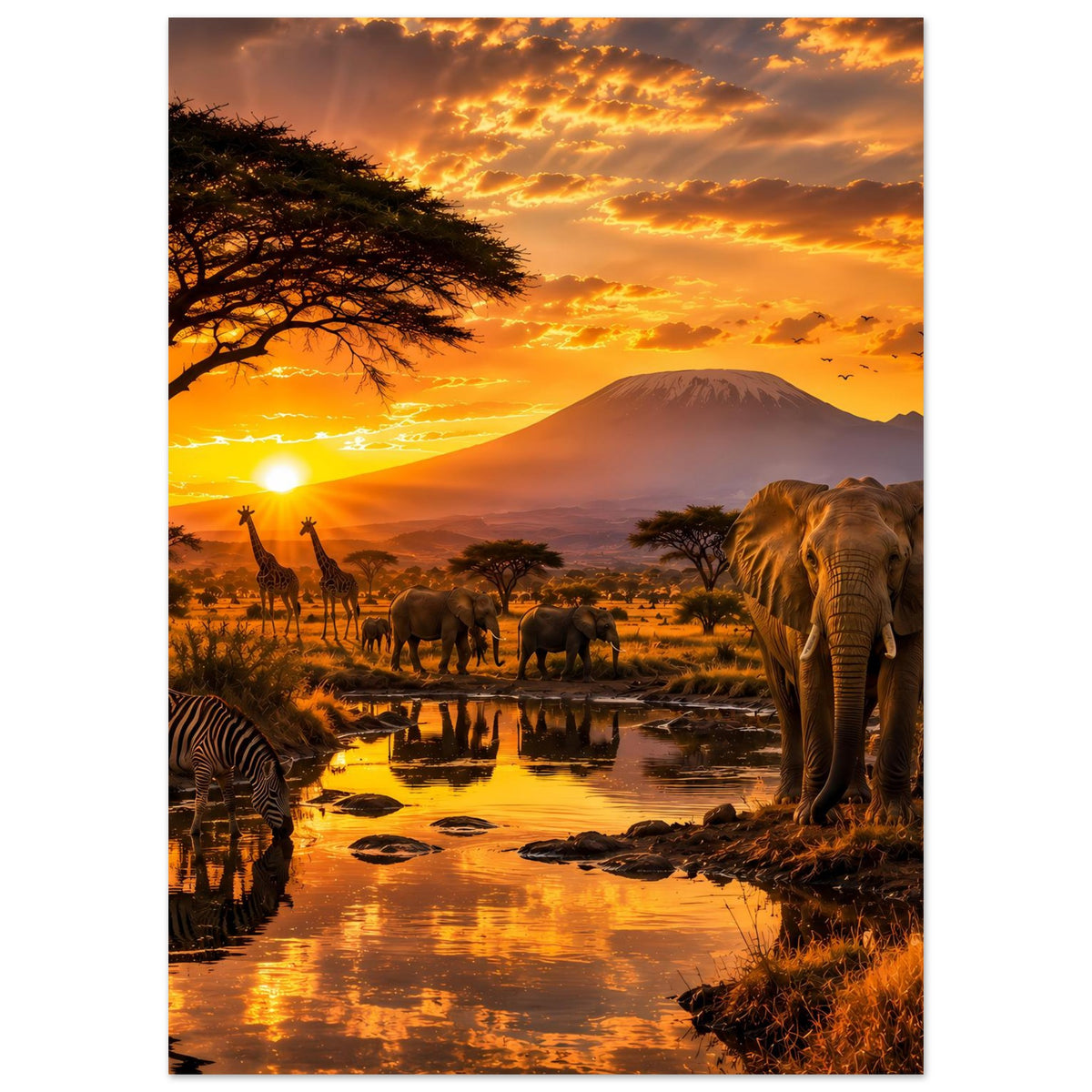 Poster mit afrikanischer Tierwelt: Elefant rechts am Fluss, Zebras links, Giraffen in der Ferne.