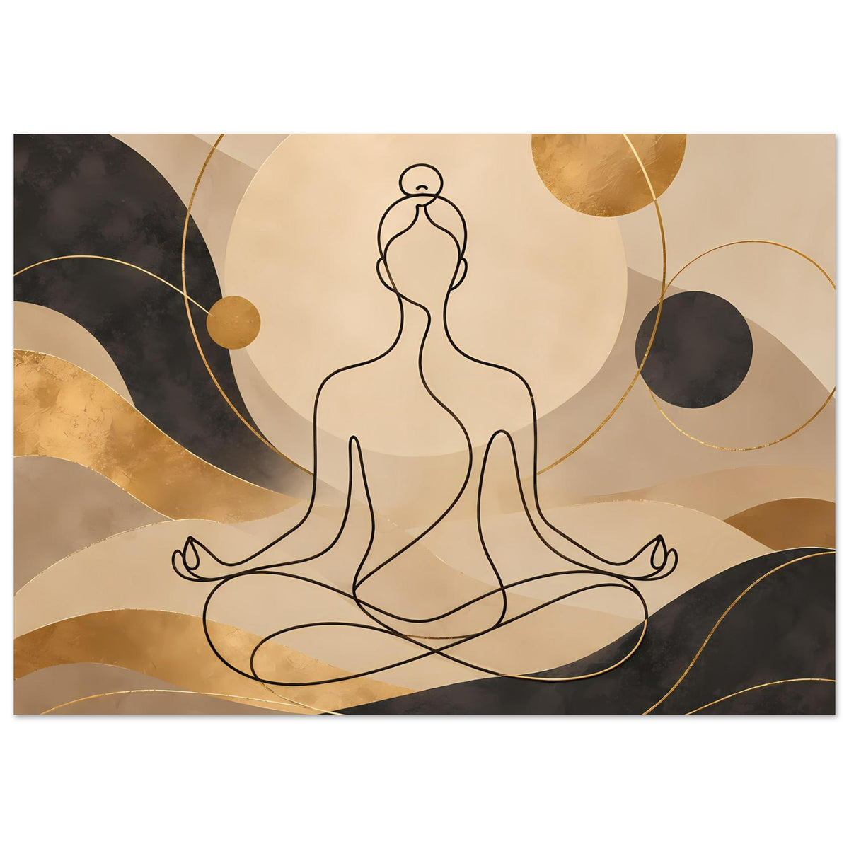 Goldener Kunstdruck: sitzende Yoga-Figur als Line-Art, Kreise und Bögen in warmen Tönen