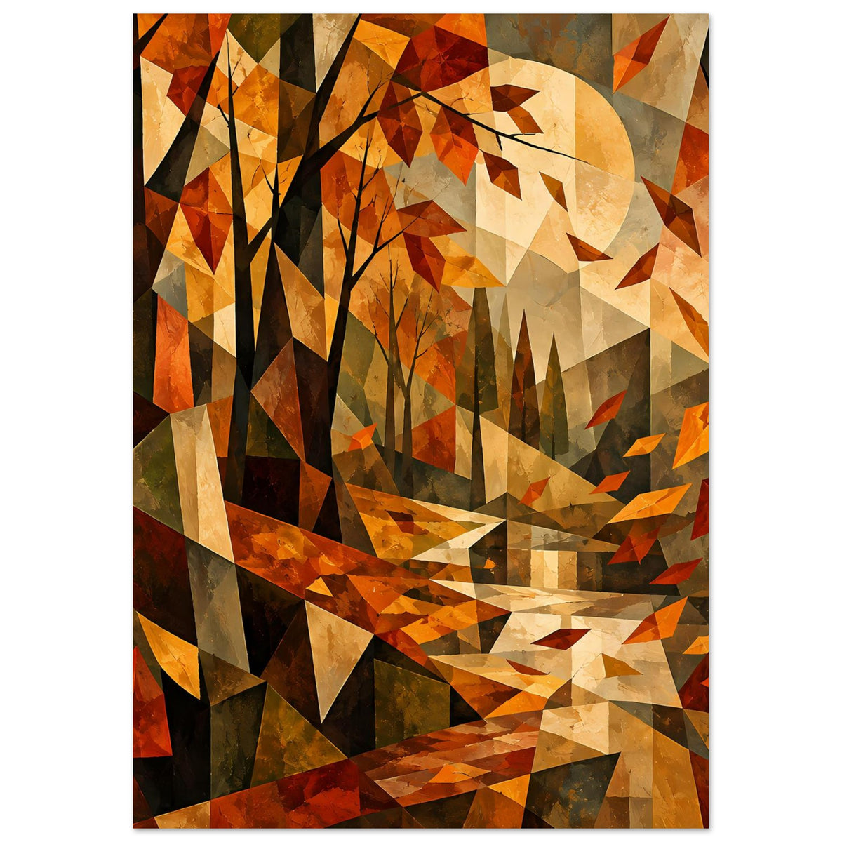 Kubistisches Herbstlandschafts-Poster (Hochformat) mit großen Blütenformen und orangefarbenen Blättern