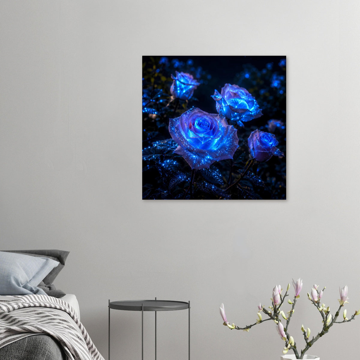Leuchtendes Rosen-Poster im Querformat: kompakte Ansicht mehrerer blauer Rosen