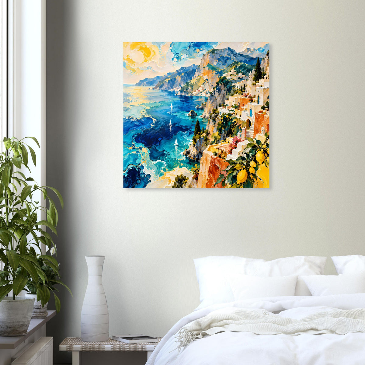 Kunstdruck mit Küstenstraße: türkisblaues Meer, Berge und orange-gelbe Häuser