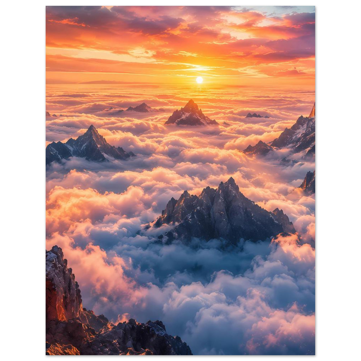 Poster mit Sonnenaufgang, markanten Berggipfeln und Wolkenmeer in warmen Farbtönen