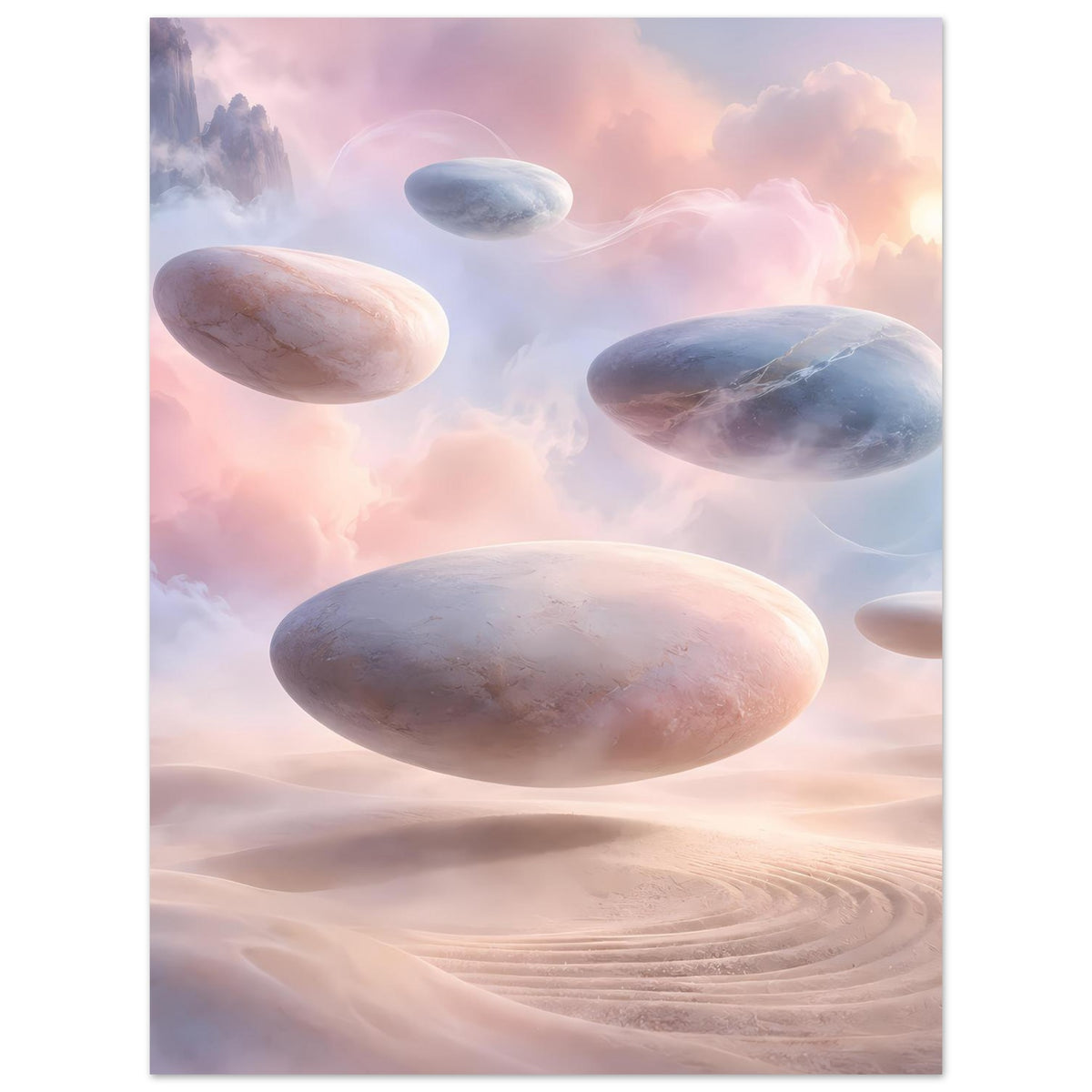 Surreales Pastellposter mit schwebenden Steinen über Wüstendünen im Hochformat