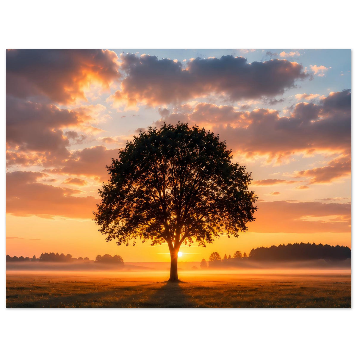 Poster mit Baum bei Sonnenuntergang über Wiese, Querformat
