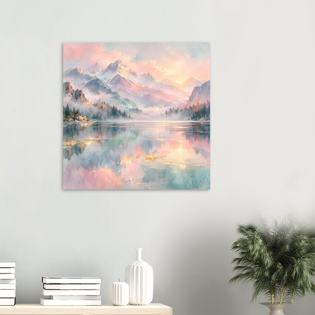 Poster (quadratisch) mit Bergpanorama, pastelligen Wolken und spiegelndem See
