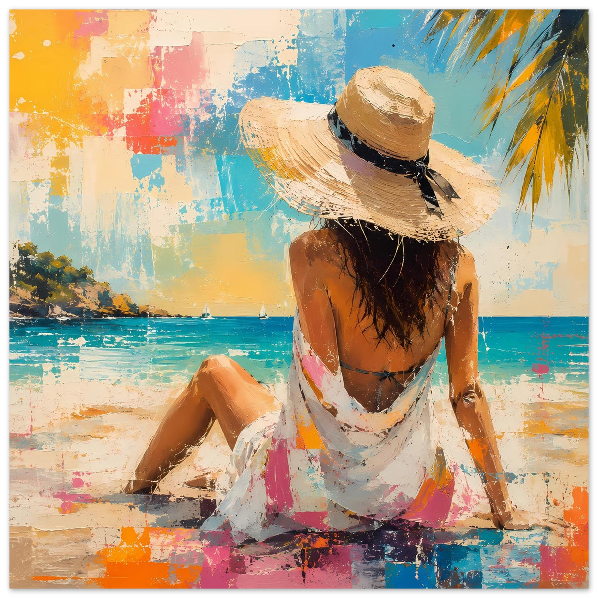 Sommerposter mit Frau im Strohhut, am Strand sitzend, farbenfrohe Pinsel- und Spritzspuren