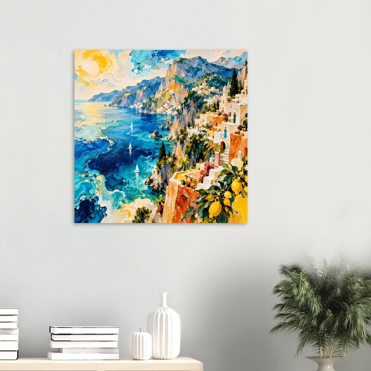 Kleines Küstenlandschafts-Poster mit blauem Ozean, orangefarbenen Häusern und gelben Akzenten