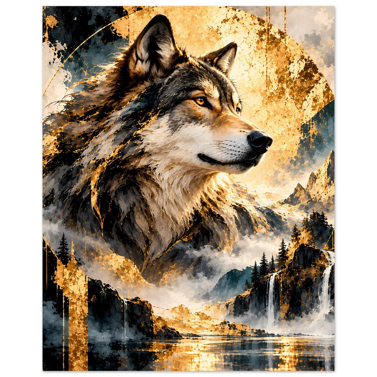 Wolf-Artposter: Wolfskopf und goldene Sprenkel-Optik über Berg- und Nebellandschaft