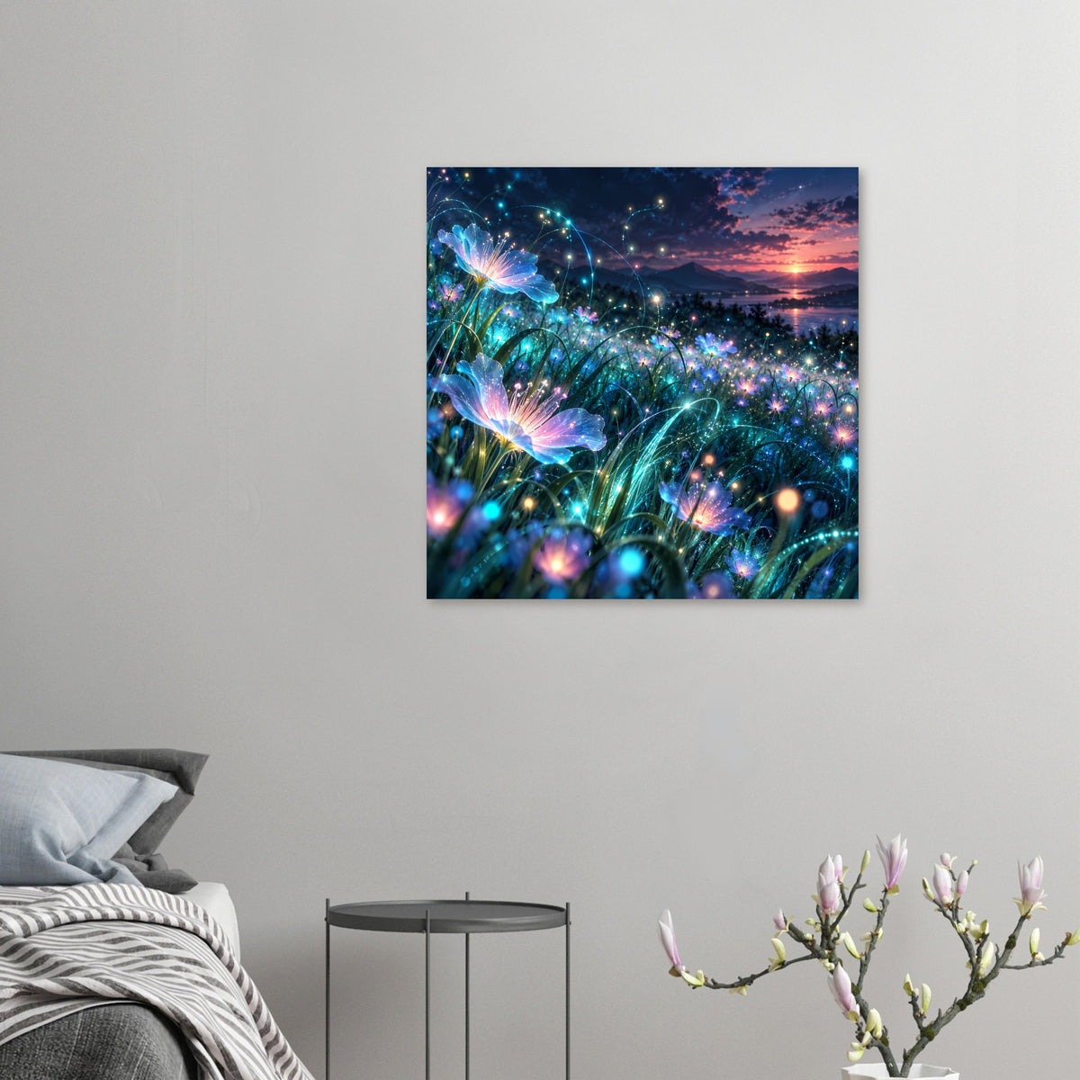 Quadratisches Poster mit blauen leuchtenden Blüten, Lichtpunkten und Dämmerungshimmel