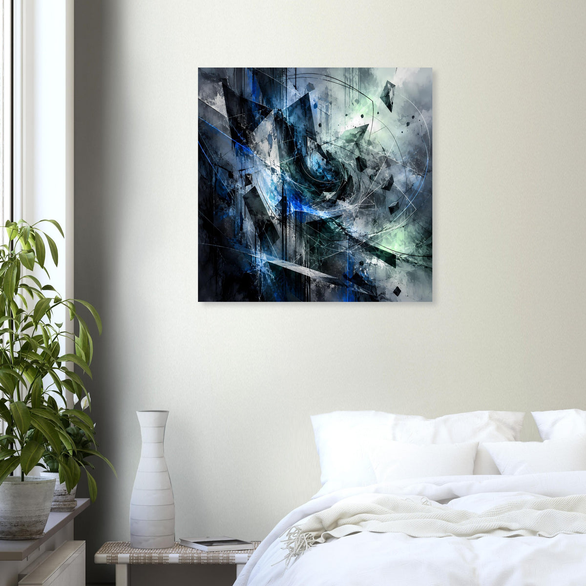 Quadratisches Abstrakt-Kunstposter mit blau-grüner Grafik, dunklem Hintergrund und Linien