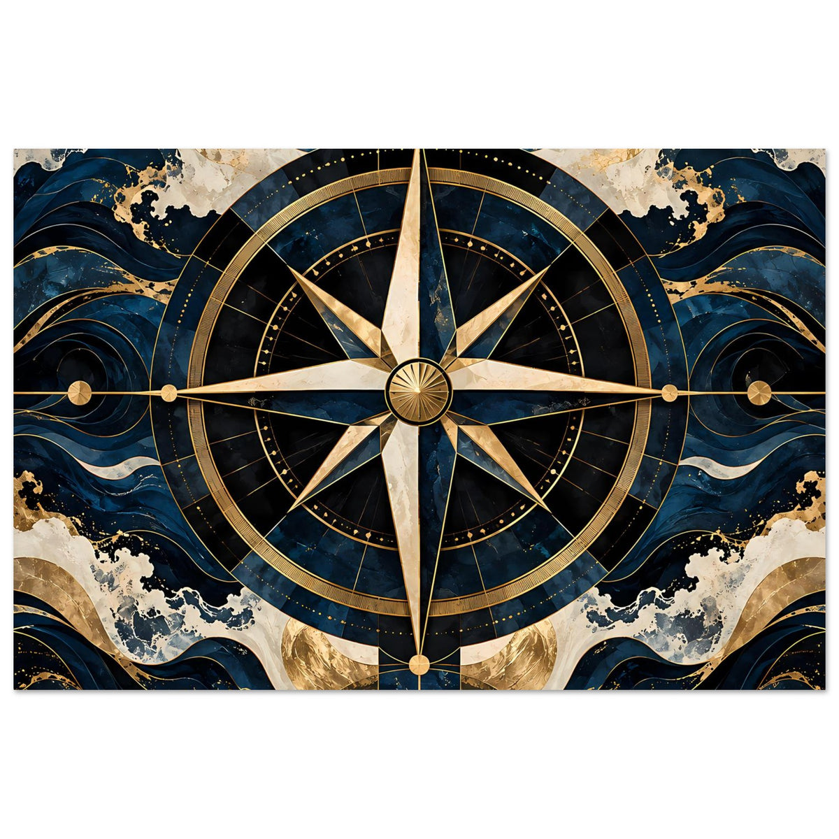 Maritimes Navigationsposter mit Kompassrose und goldenen Linienspeichen, Blau und Gold