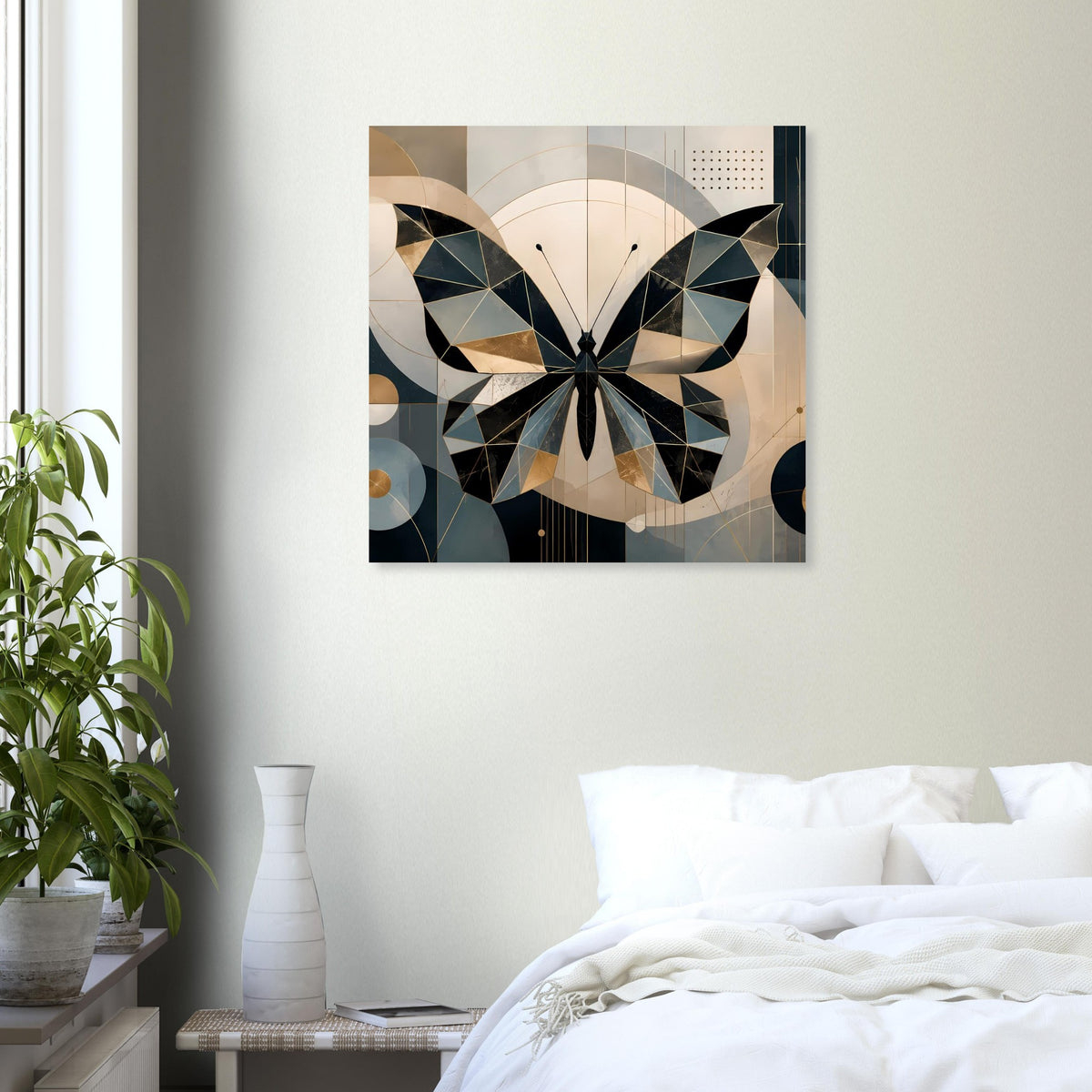 Gerahmtes Poster mit geometrischem Schmetterling, Petrol und Gold, abstraktes Muster