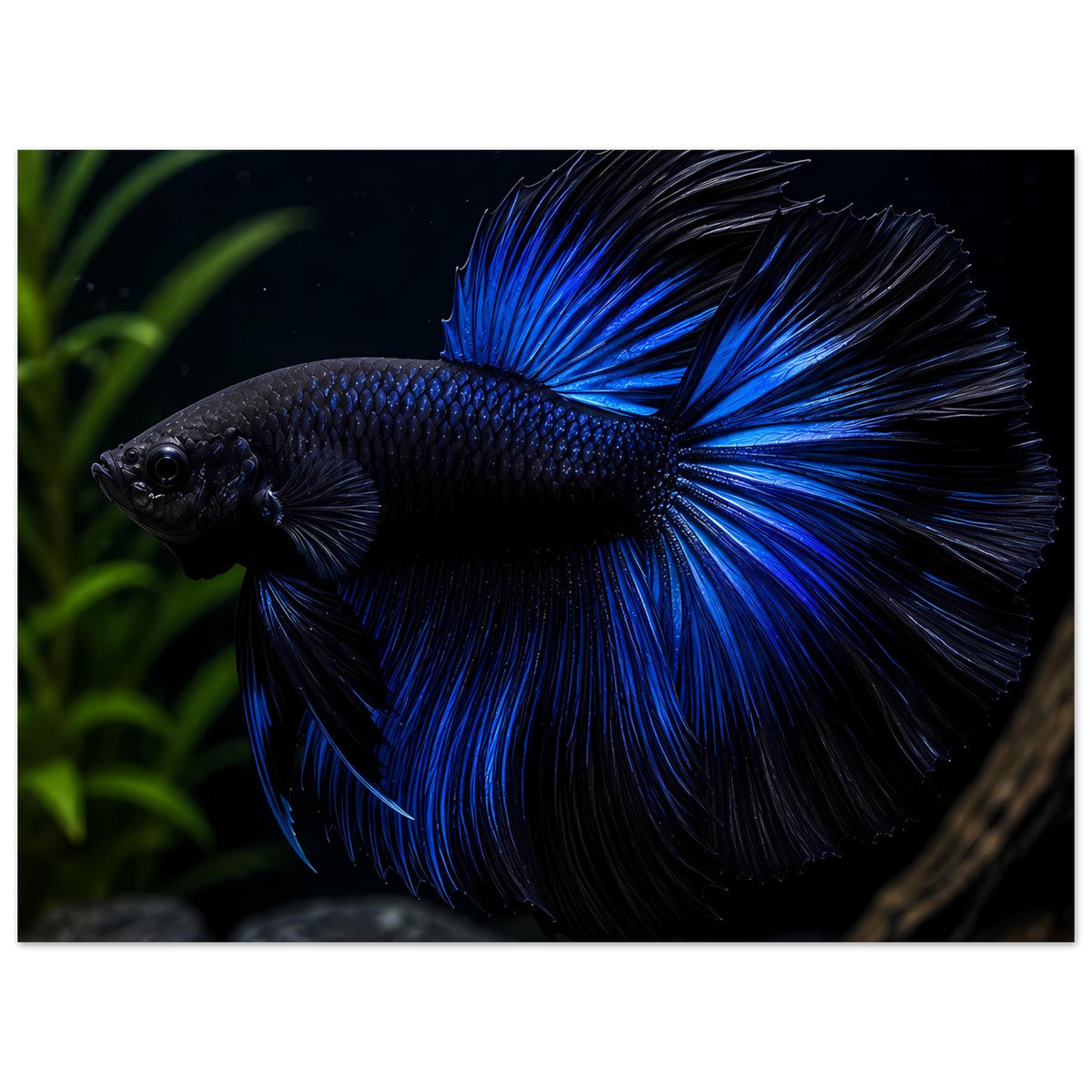 Poster mit blauem Betta-Kampffisch, seitlicher Blick auf Kopf und Flossenfächer