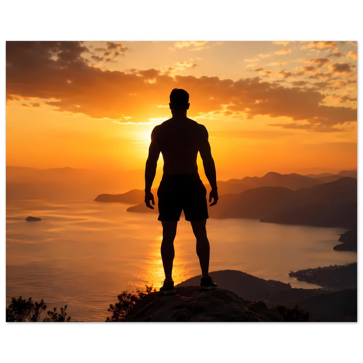 Horizontales Sonnenuntergang-Wandposter: Silhouette eines Läufers auf Felsen vor Küste und Bergen