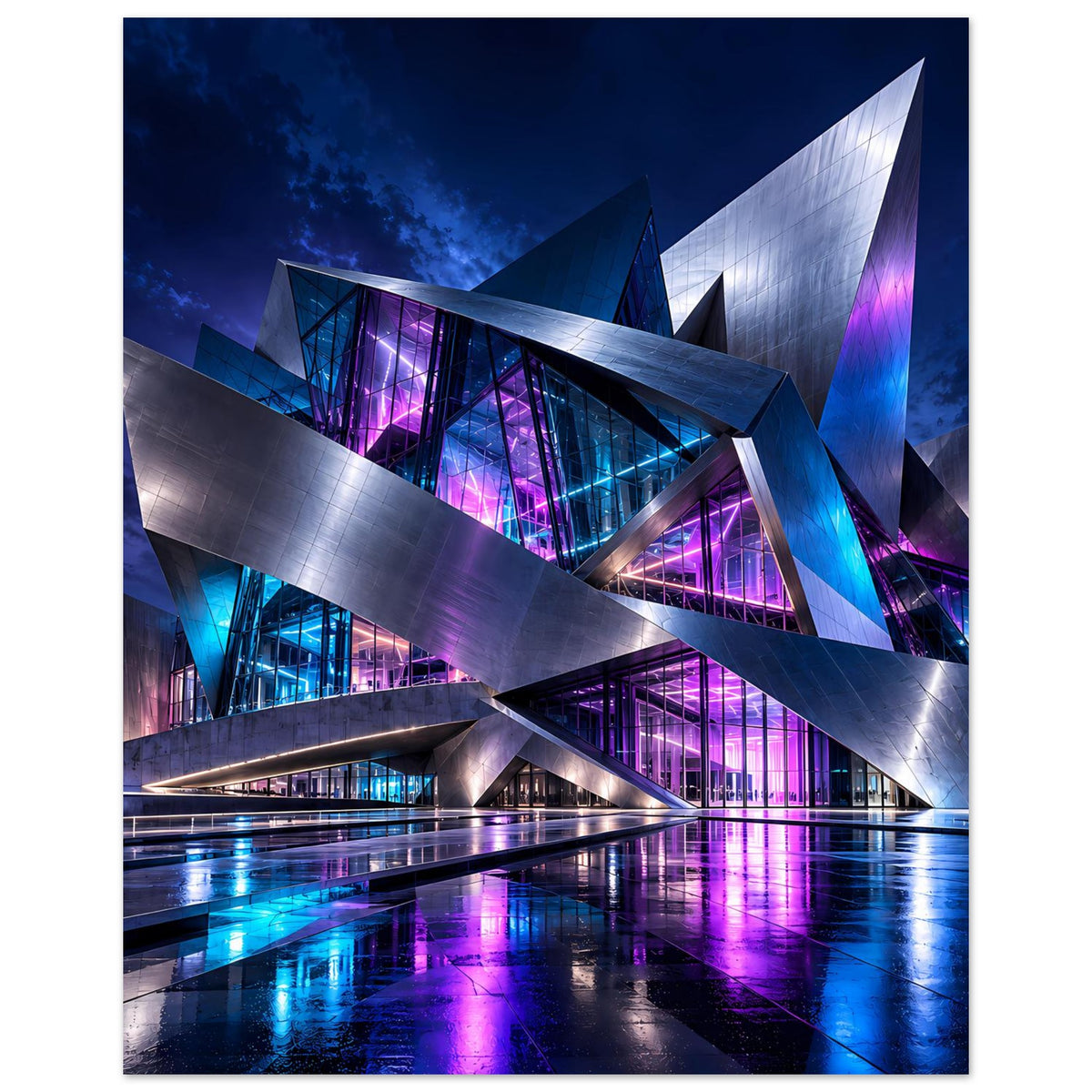 Architekturposter im Hochformat mit silbernen Metallflächen und violetten Lichtreflexen im Vordergrund