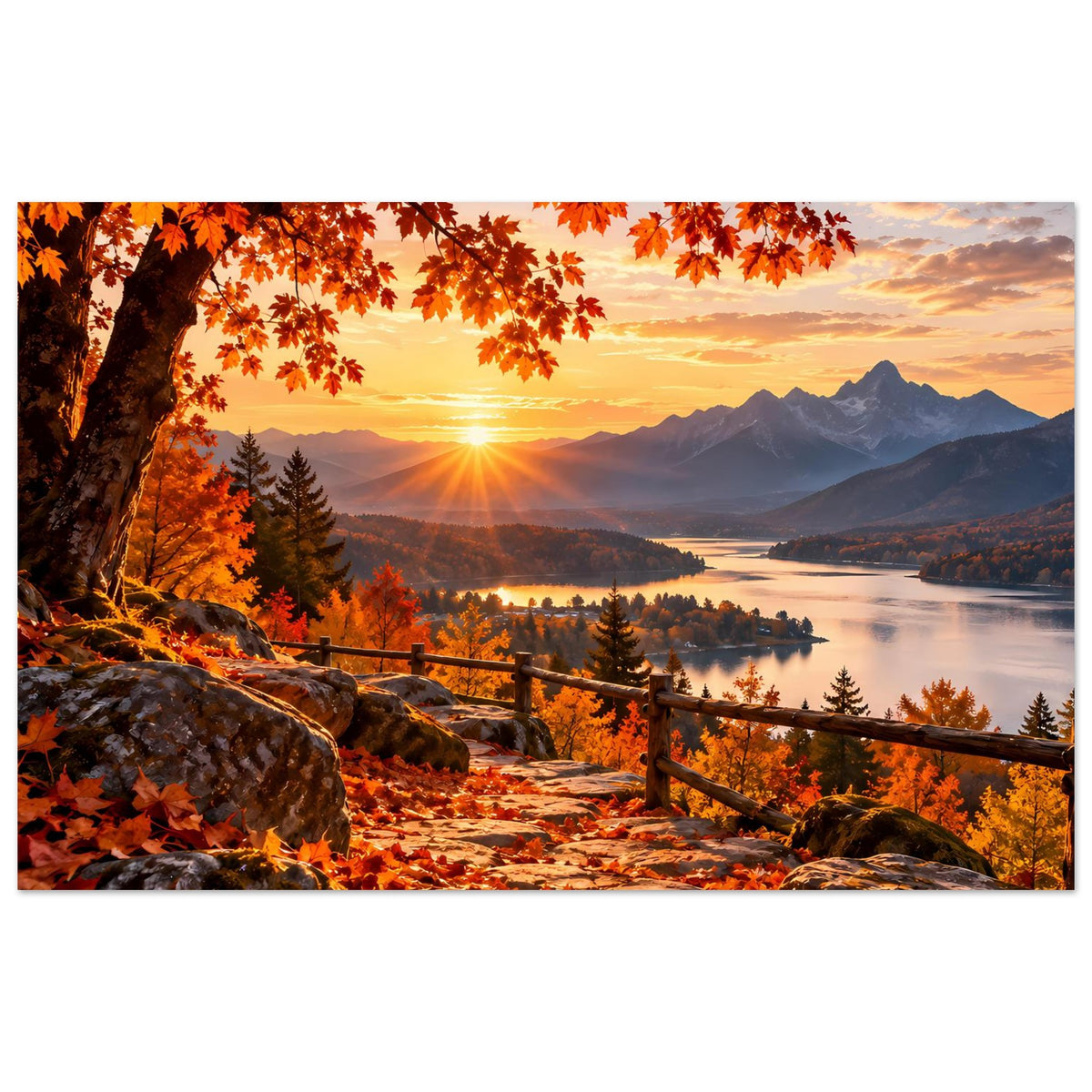 Herbstlandschafts-Poster mit Sonnenuntergang, Bergpanorama, See und Holzgeländer, orangefarbenen Blättern
