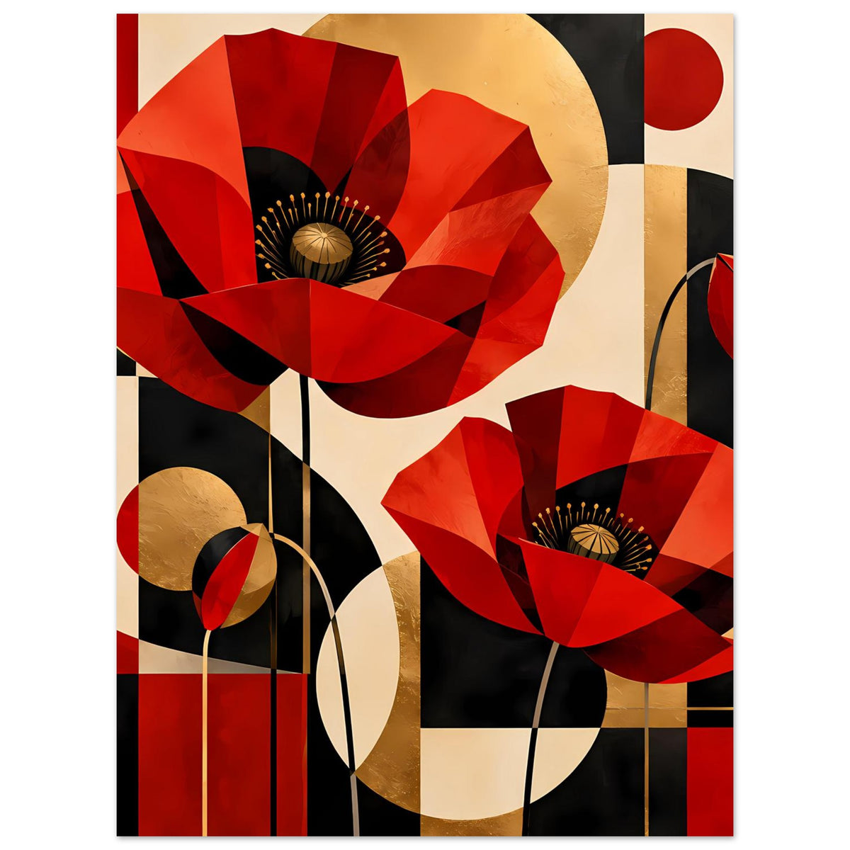 Kunstposter mit roten Mohnblüten, goldfarbenen Zierflächen und schwarzem Linienraster