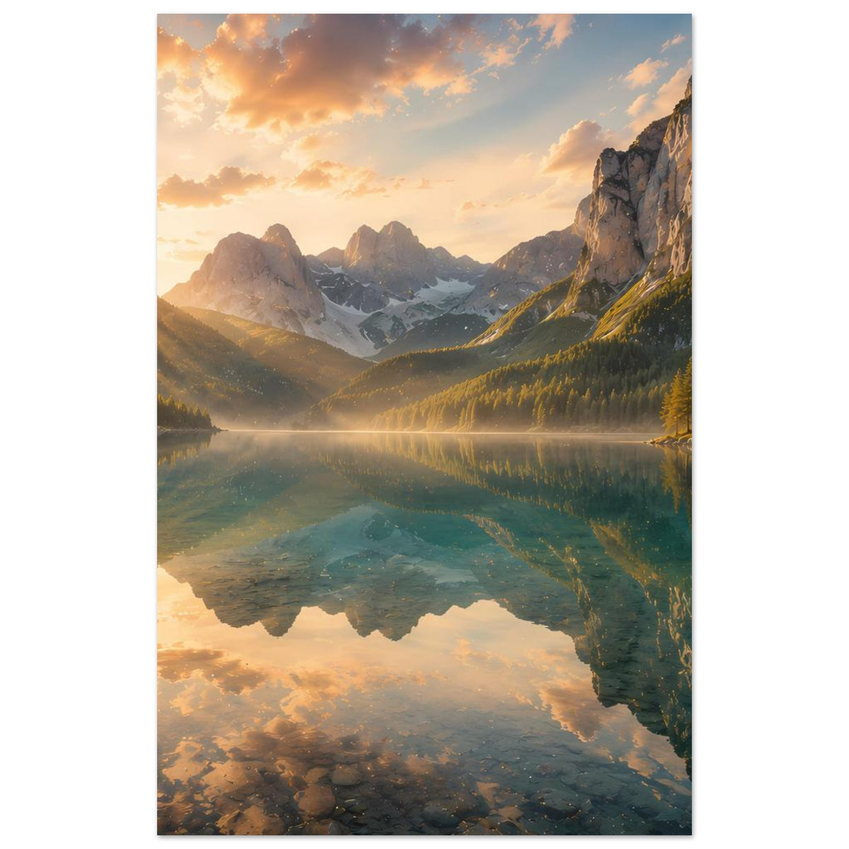 Wandposter im Hochformat mit Gebirgsmotiv und Bergsee bei Sonnenaufgang