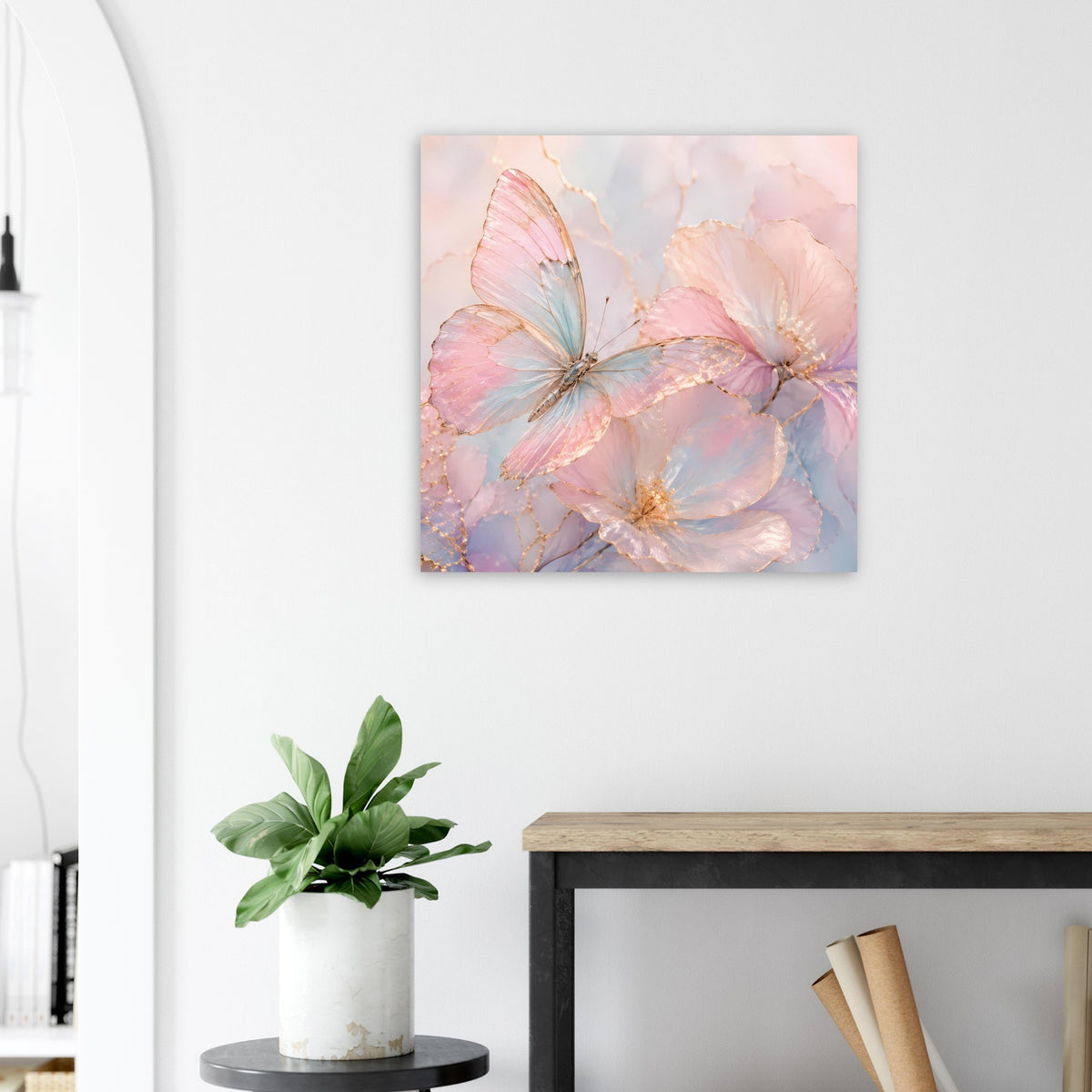 Quadratisches Aquarell-Poster mit Schmetterlingen in Rosa, Blau und Gold