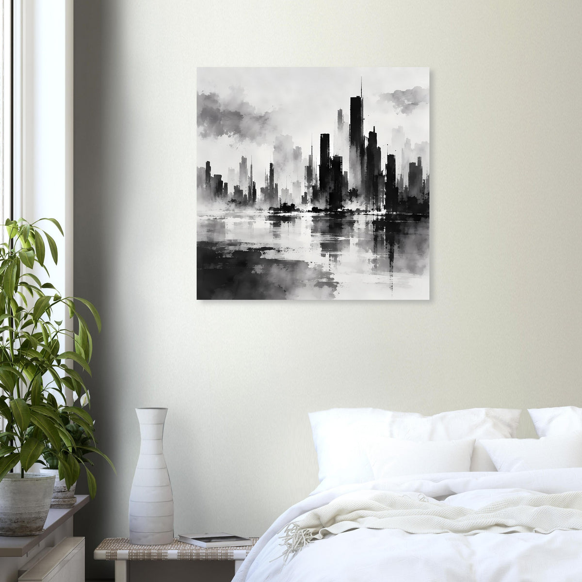 Schwarzweiß-Poster mit Skyline und Wasserreflexion, quadratischer Druck im Rahmen