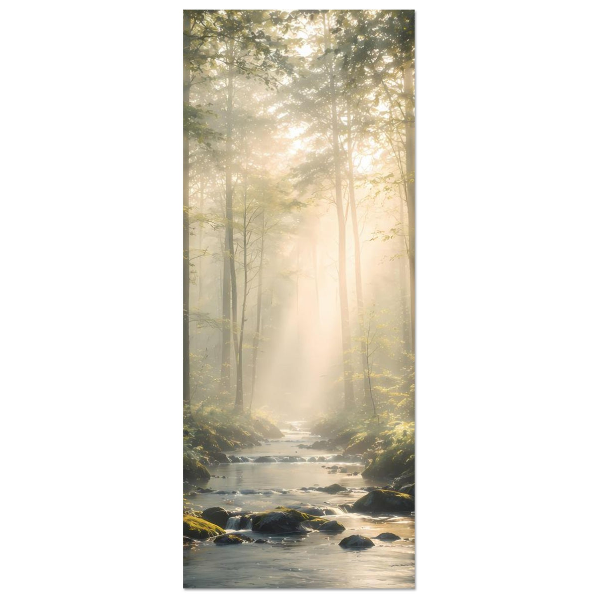 Hochkant-Naturposter mit Waldbach unter Sonnenlicht, umgeben von dichtem Baumwald