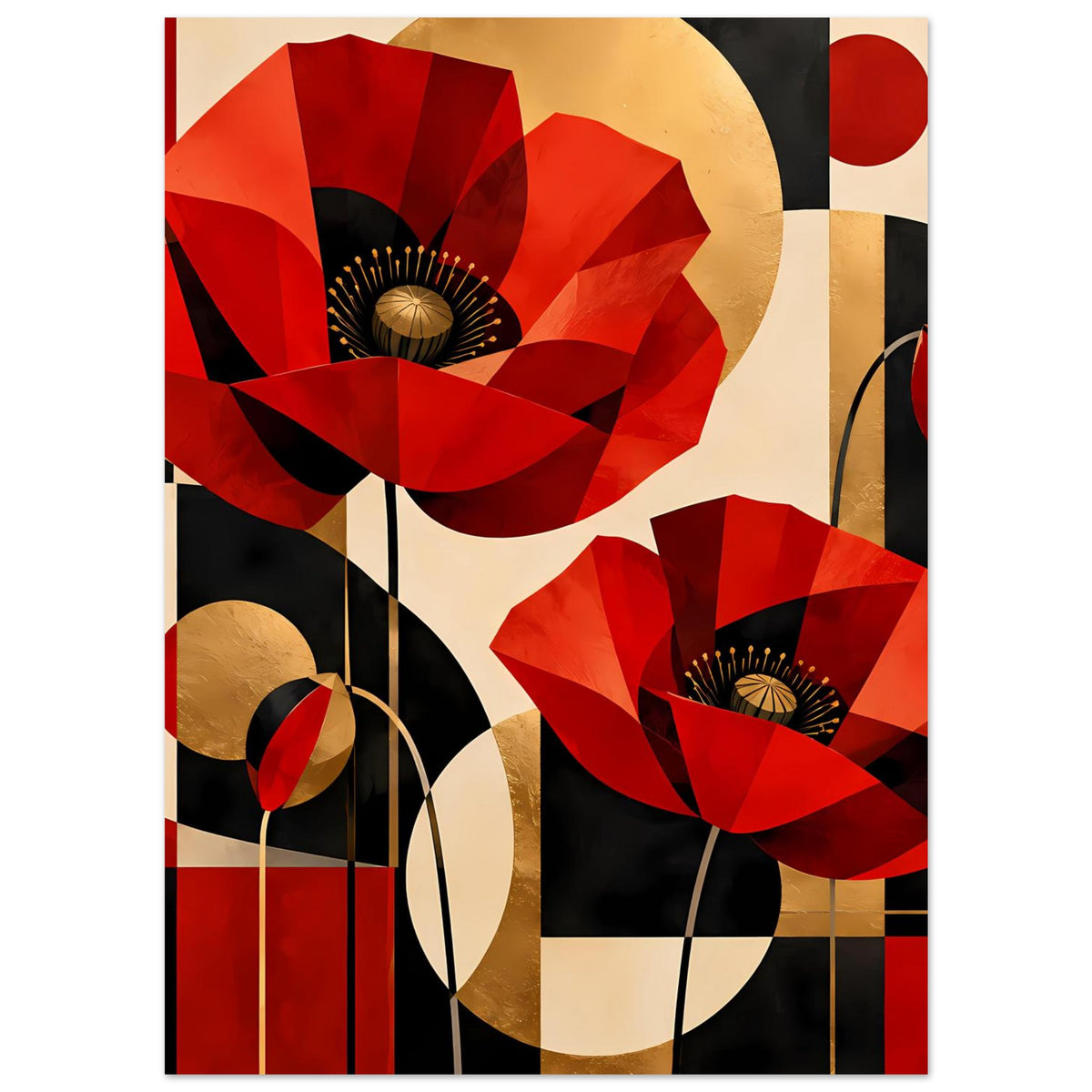 Kunstposter mit roten Mohnblüten, goldfarbenen Details und markanten Farbflächen