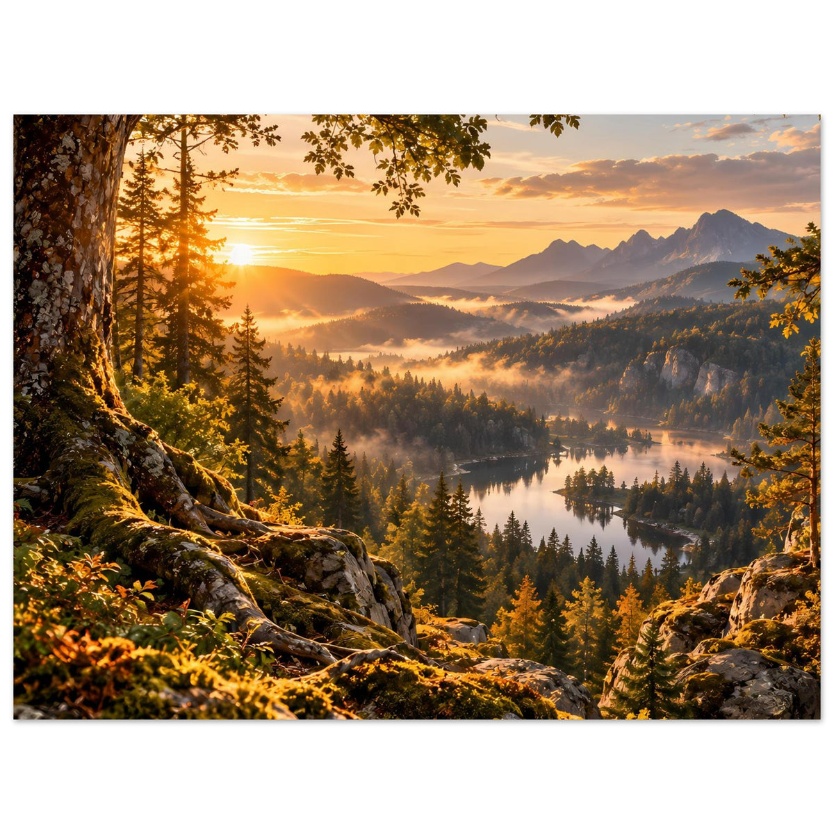 Landschaftsposter mit Sonnenaufgang, Bergen, Waldsee und Ästen am oberen Rand