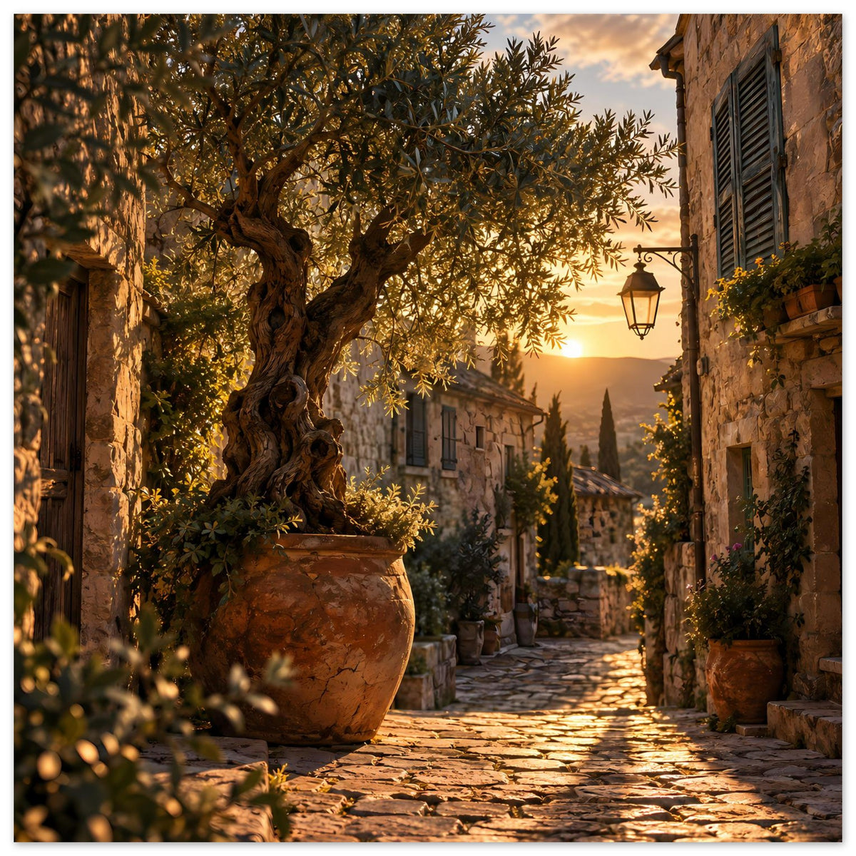 Poster mit mediterraner Gasse, Olivenbaum im Tongefäß, warmem Sonnenuntergang und Fensterläden