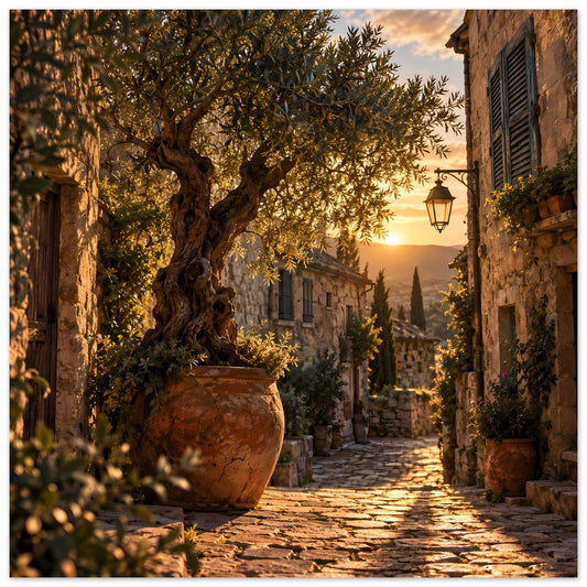 Poster mit mediterraner Gasse, Olivenbaum im Tongefäß, warmem Sonnenuntergang und Fensterläden