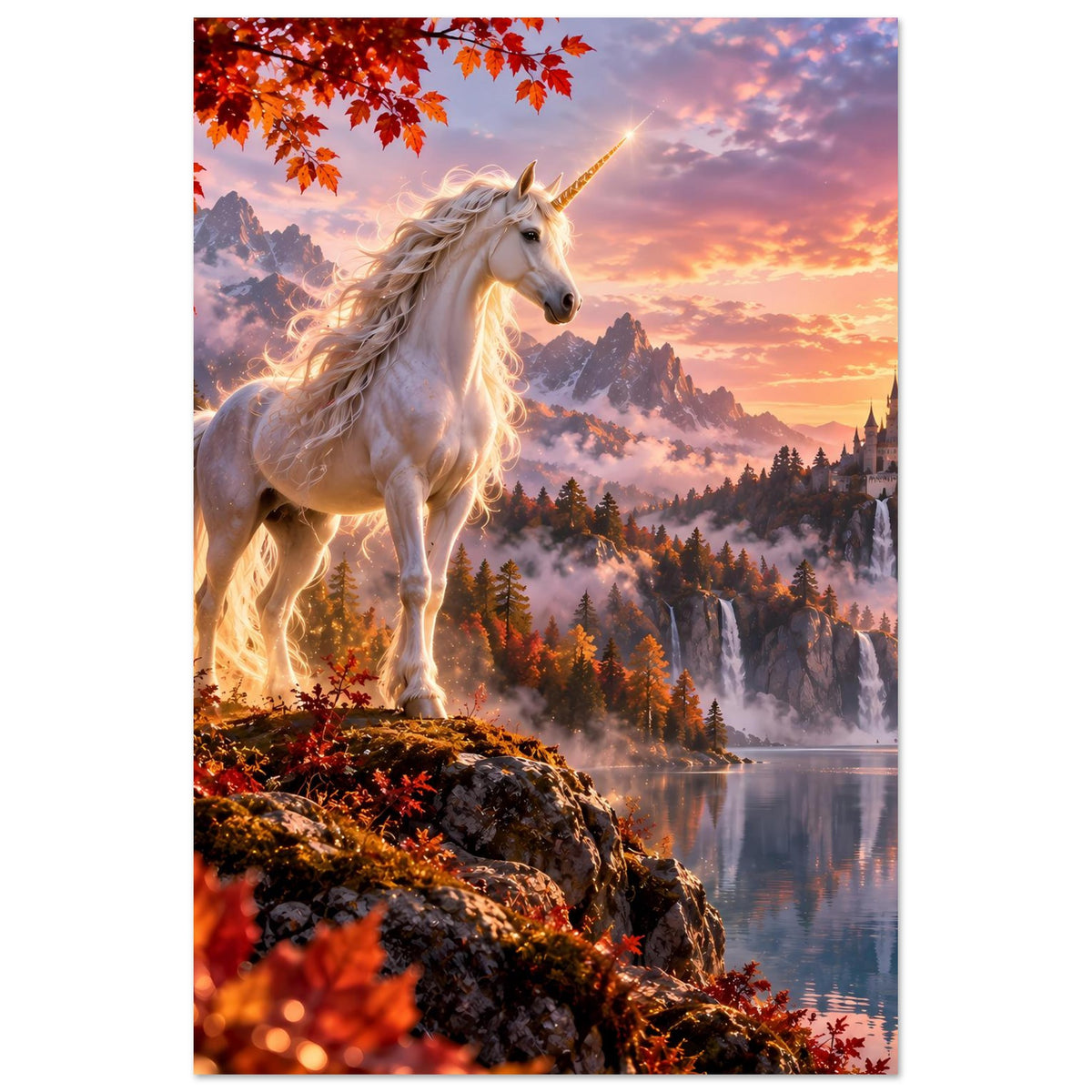 Einhorn-Fantasyposter mit weißem Einhorn, Herbstzweigen oben und Lichtern im Hintergrund