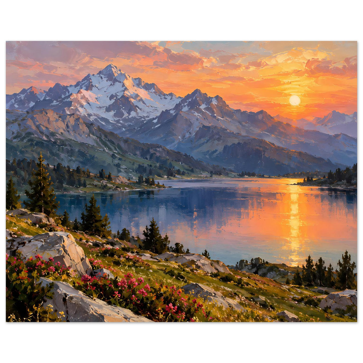 Wandposter im Querformat: Alpenpanorama mit ruhigem See, Abendhimmel und goldener Sonne