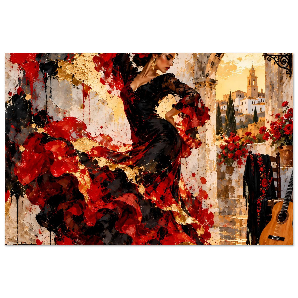 Poster mit Flamenco-Tänzerin, schwarzem Rock und roten Akzenten; rechts Gitarre im Motiv