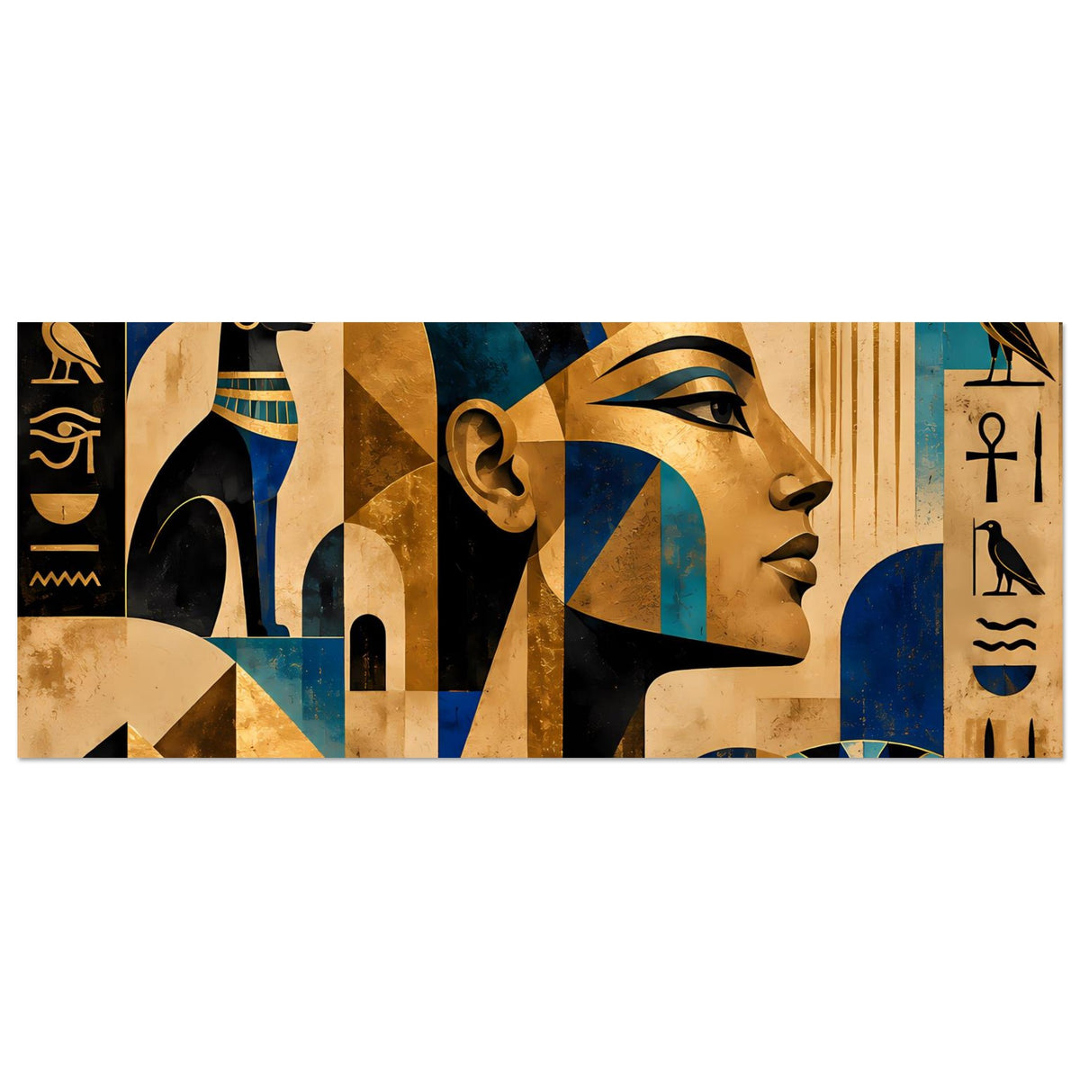 Ägyptisches Kunstposter, Querformat, stilisierte Figuren und Glyphen in Gold- und Blautönen