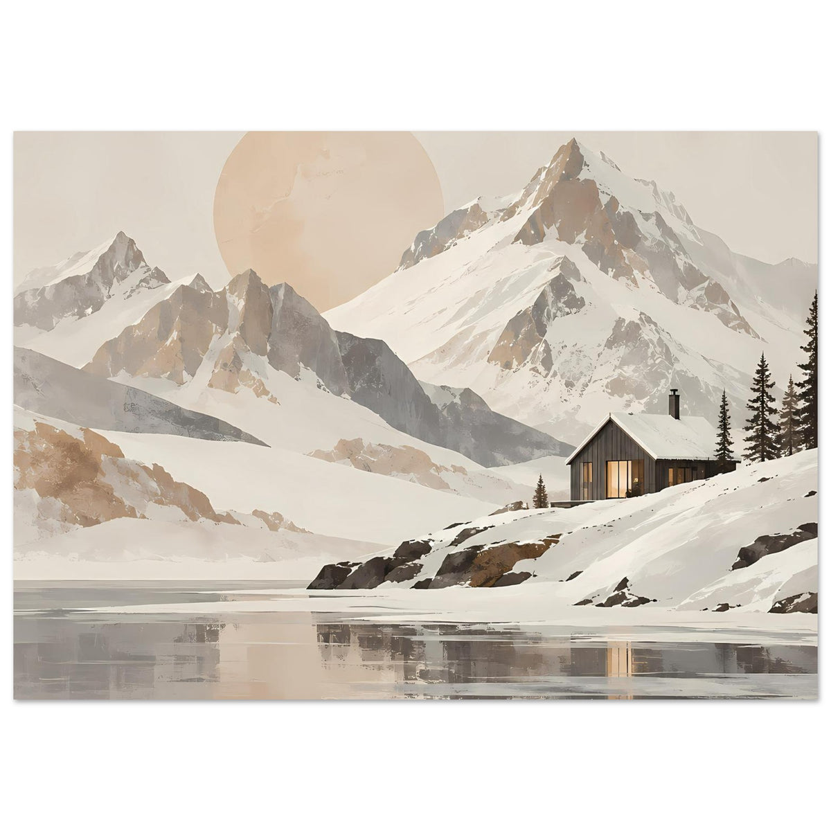 Querformat-Poster mit Winterlandschaft, Mond, Bergspitzen, reflektierendem Wasser und Hütte