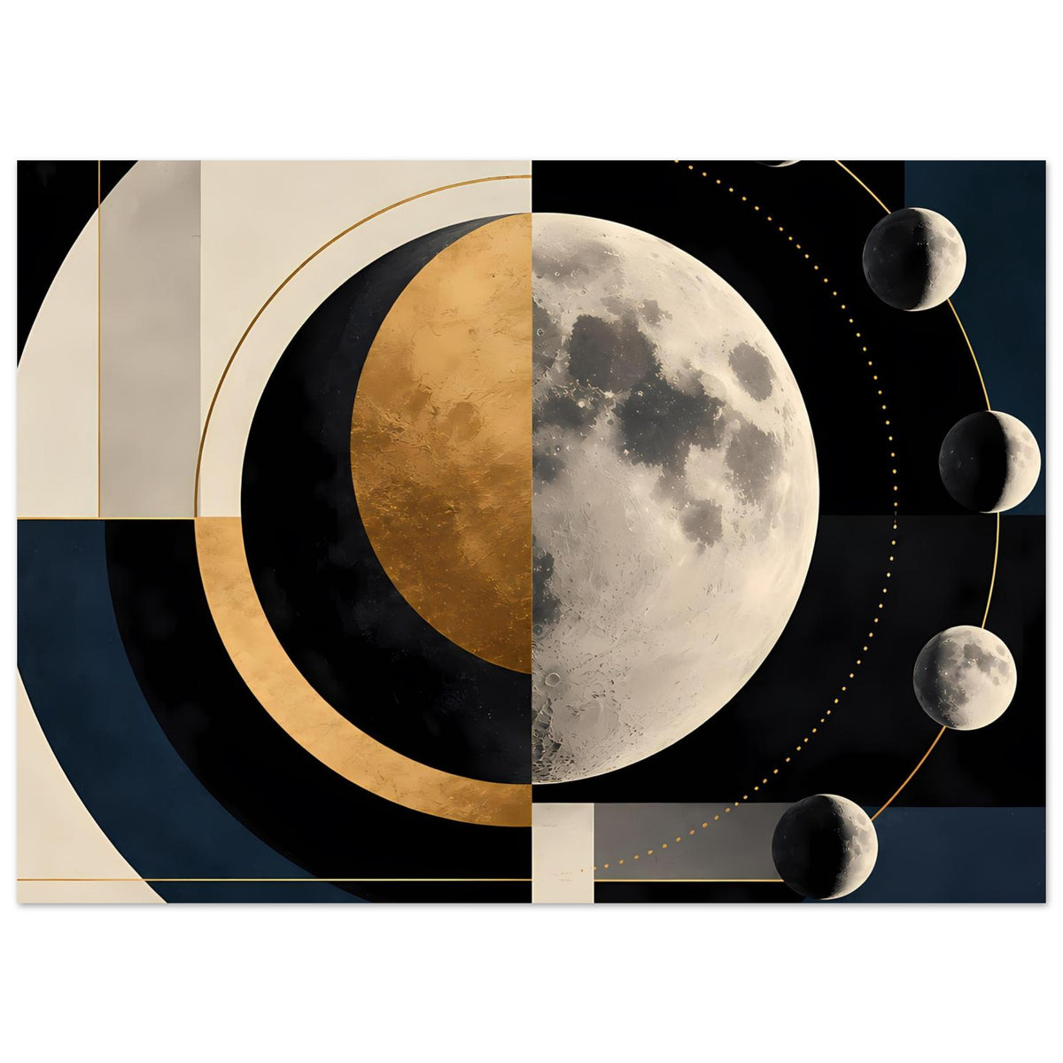 Abstrakter Mondkunst-Druck: großer Mond, schwarze Kreise, Goldlinien und Planeten-Cluster