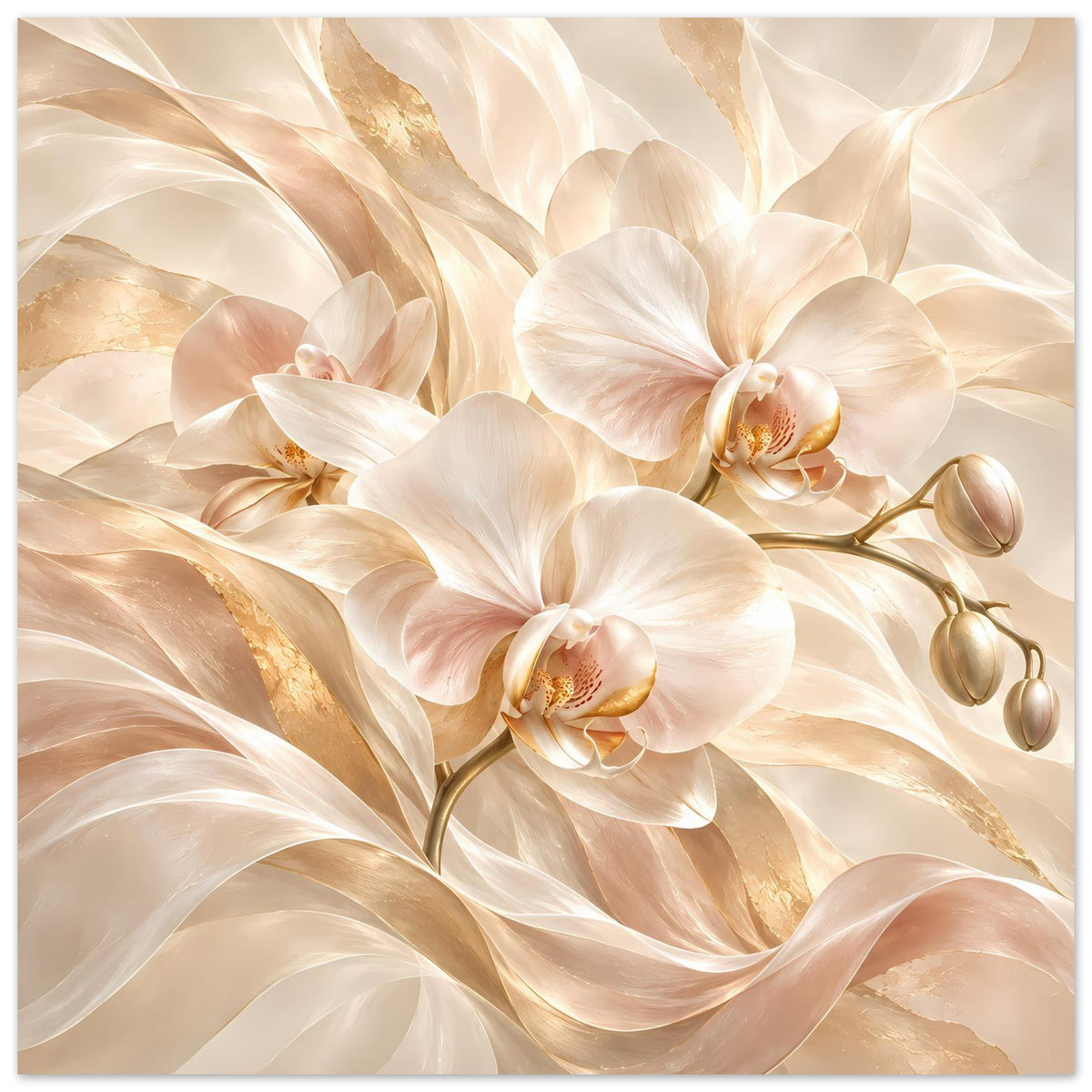 Orchideen-Poster im Querformat mit weißen Orchideenblüten und warmen Gold-Creme-Nuancen