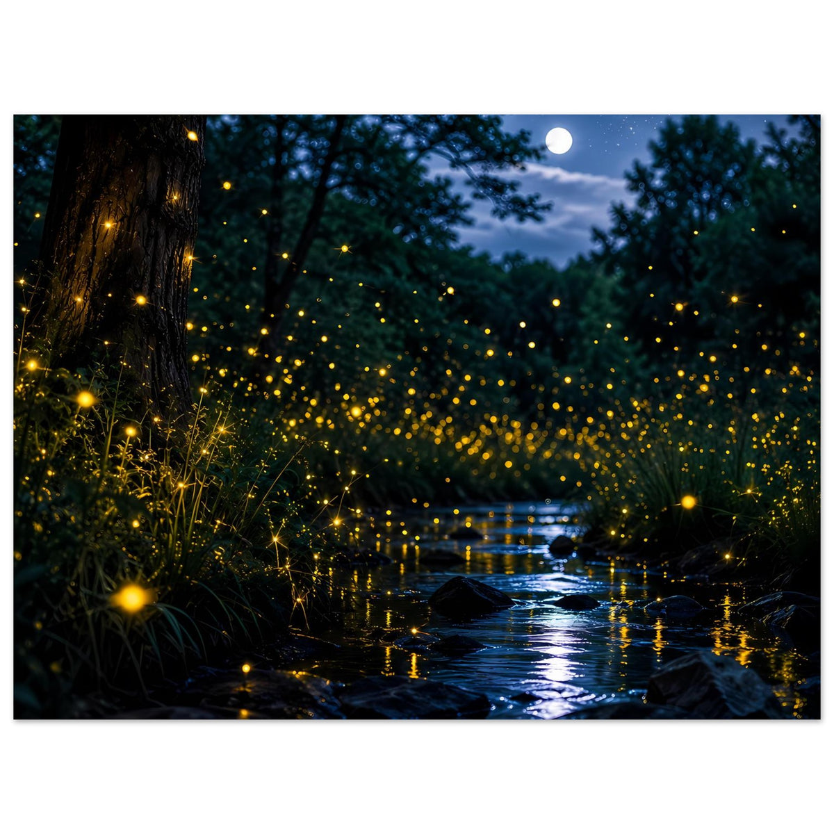 Leuchtposter (hochkant) mit Glühwürmchen über ruhigem Bach und reflektierenden Lichtern
