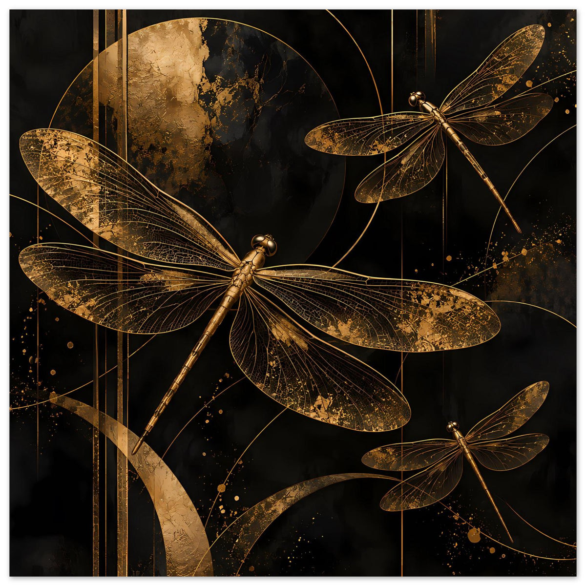 Wandposter mit goldenen Libellen, horizontales Format, klare Gesamtansicht