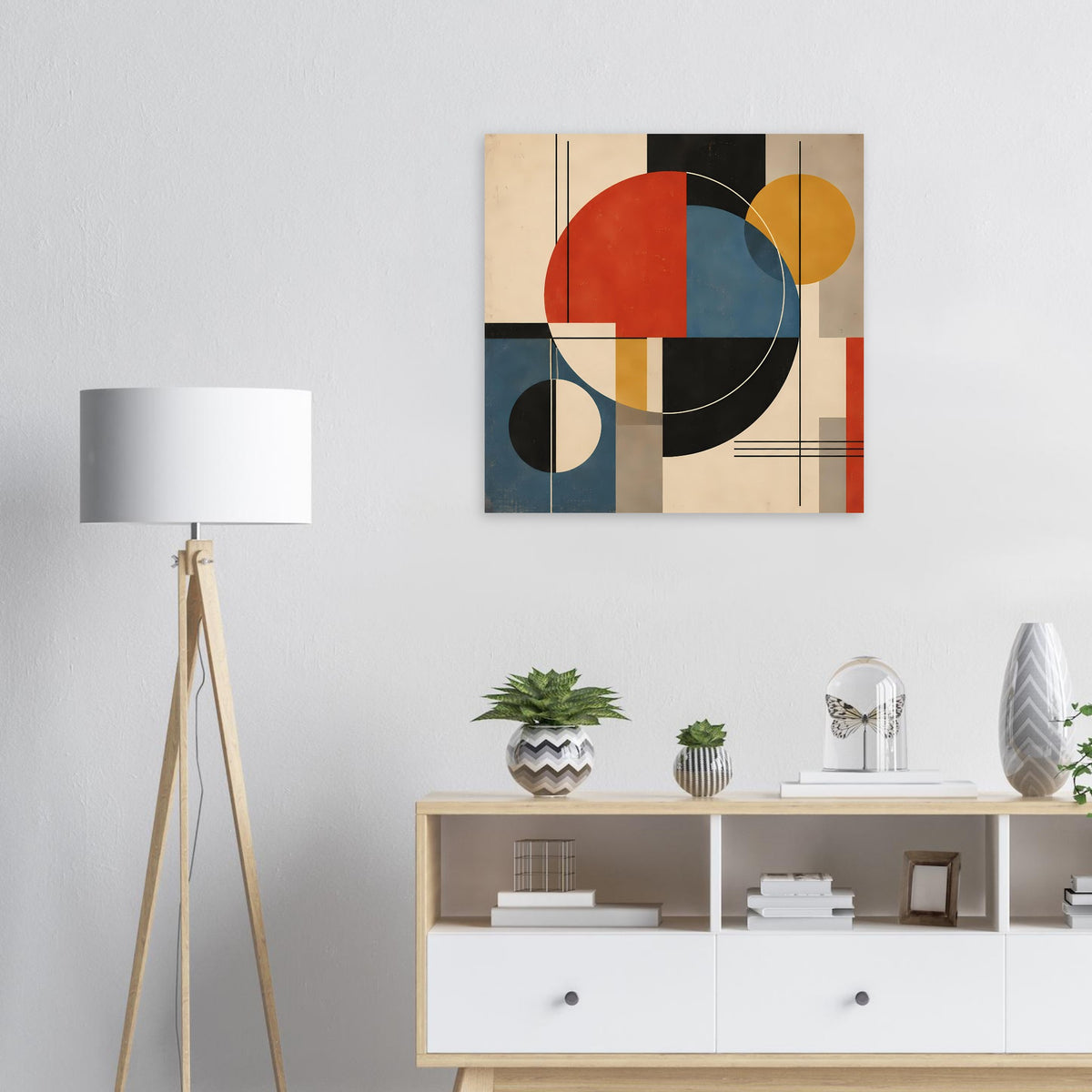 Abstrakter geometrischer Poster-Druck mit Kreisen und Rechtecken in Rot, Blau, Schwarz