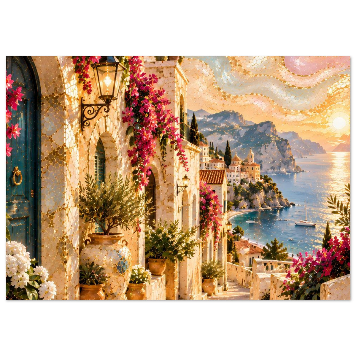 Poster mit mediterraner Altstadtgasse: Blumen an Bögen, goldener Himmel, Meer und kleine Gebäude