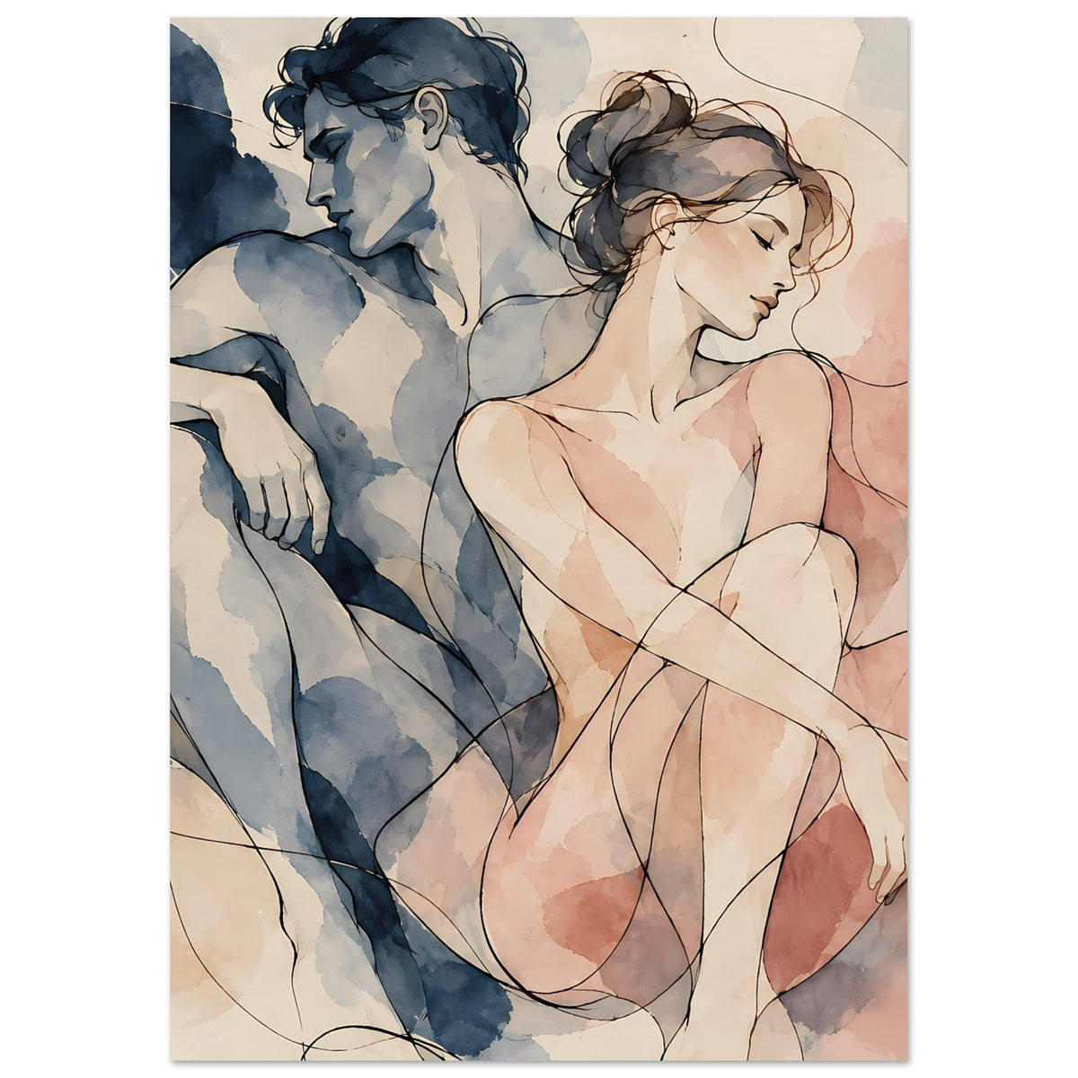 Wasserfarben-Poster mit Paar: Mann links in Blau, Frau rechts in Rosa, Nahe Ansicht