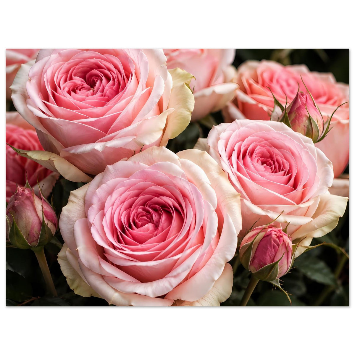 Poster mit rosa Rosenblüten, cremeweißen Blütenblättern und Knospen, nah aufgenommen
