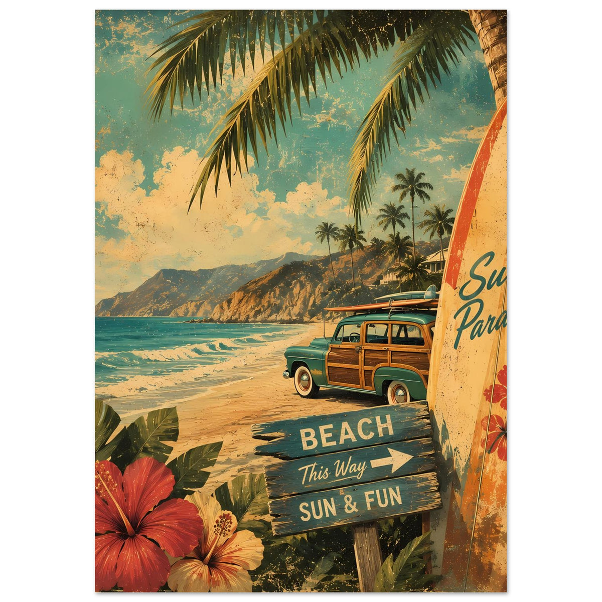 Vintage-Poster mit Surfbord, Van und Strandweg-Schildern „BEACH“ sowie „SUN & FUN“