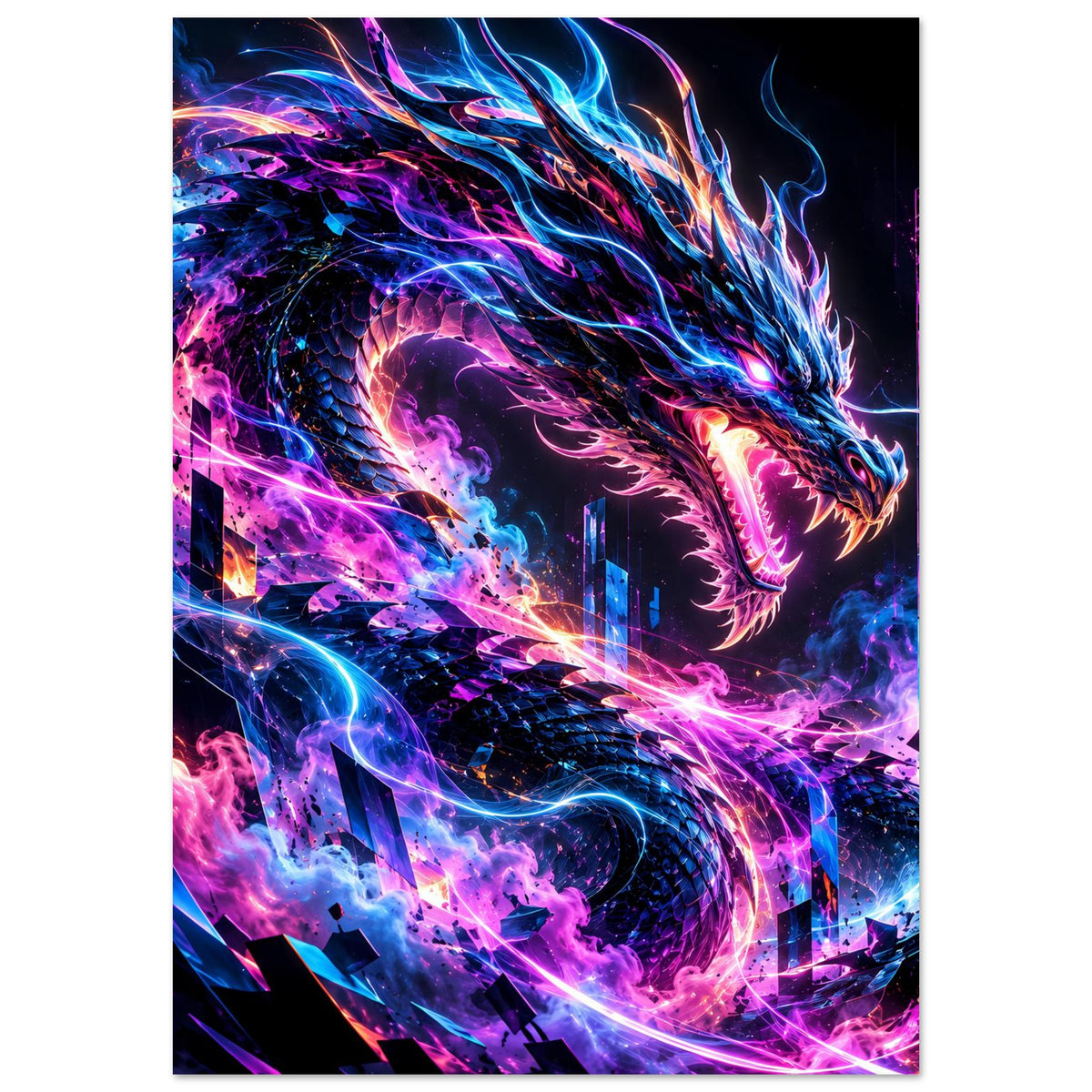 Hochformat-Poster mit Neon-Cyberdrache: blaue und pinke Energiebögen, lodernde Flammen, Fokus Drache