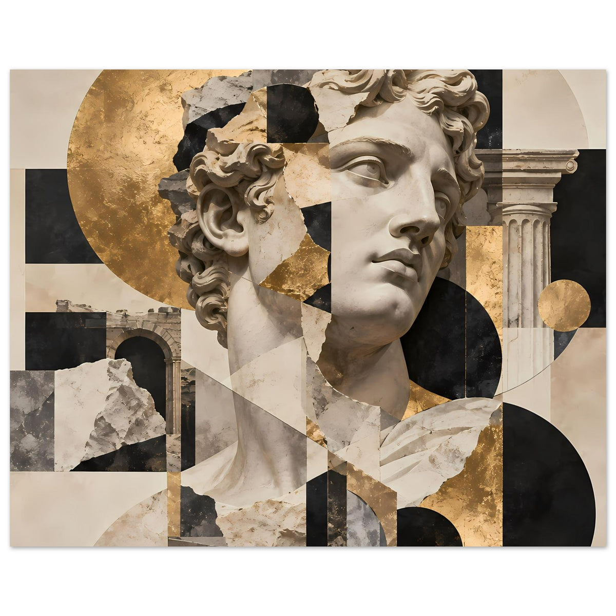 Kunstdruck in Querformat: Marmorkopf, abstrakte Collage mit Gold- und Dunkelbereichen
