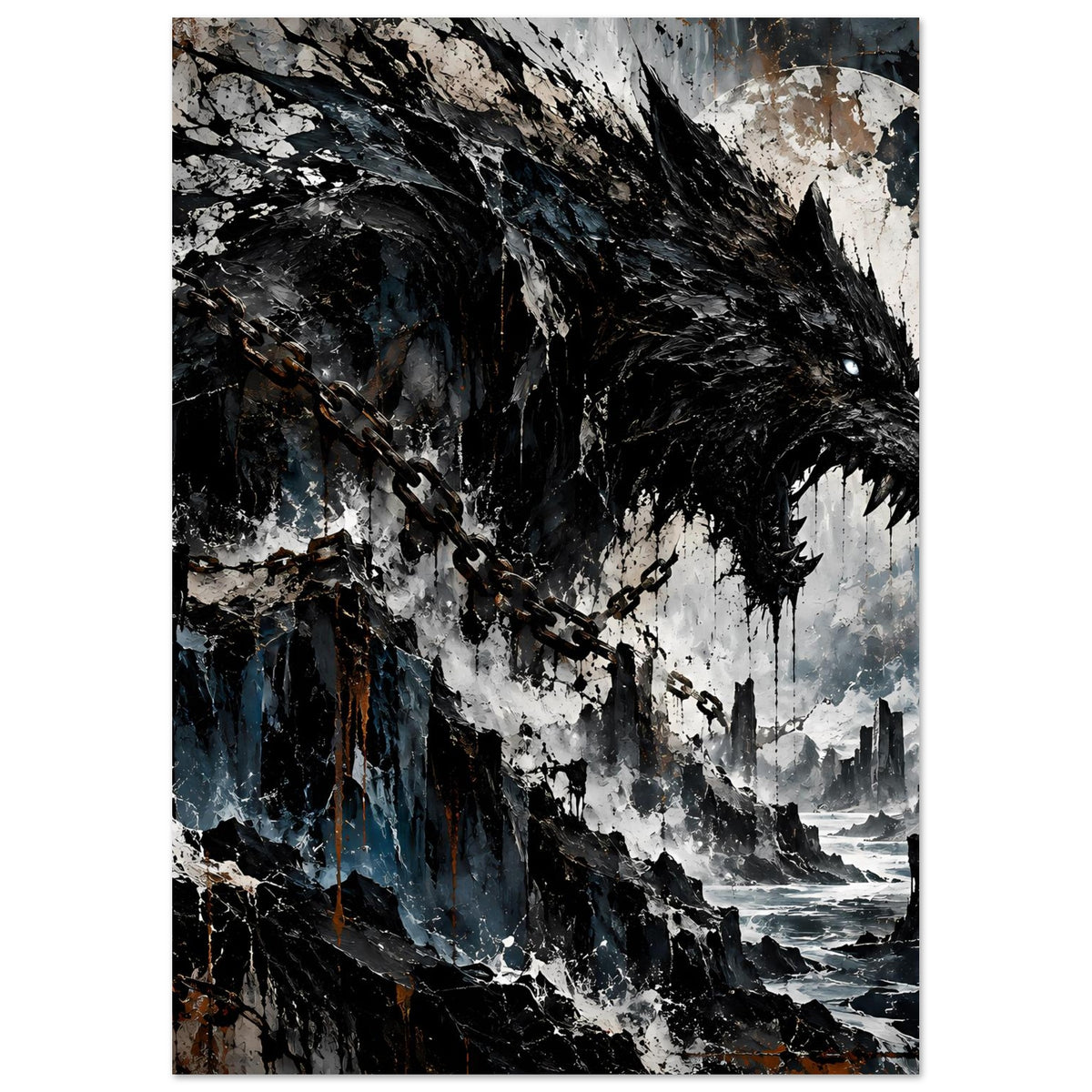 Poster im Hochformat: dunkler Wolf, Kettenketten und Landschaft mit Meer und Ruinen.